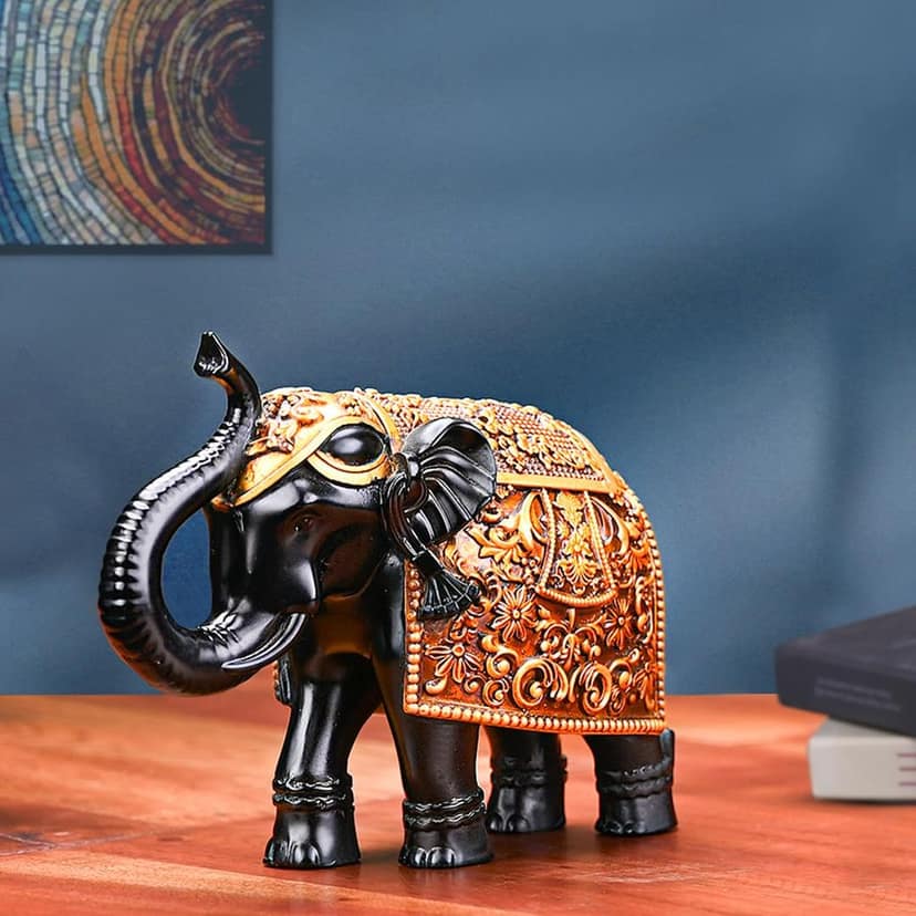 Artarium Intricate Designed Handcrafted Royal Golden Black Attractive Elephant Good Luck Fengshui Vastu Elephant Idol Figurine Decorative Showpiece for Home Decor Gift Item (Black 4.9 Inch Pack of 2) view 2