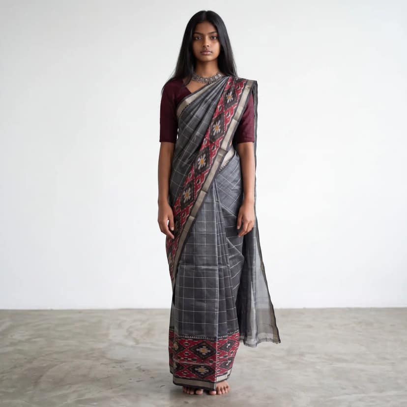 Charcoal Grey Mangalgiri Ikat Silk Saree, Temple Border