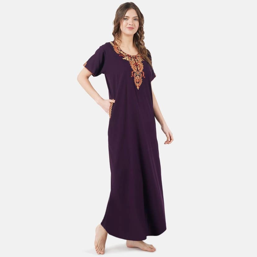 KOI SLEEPWEAR lissybissy Cotton Resham Embroidery Nighty Night Gown Maxi for Women A line (Wine) view 2