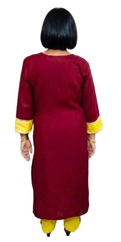 Women's Cotton Solid Colour Straight Kurta and Palazzo Pant Set | Size: XL | Colour of Kurta: Maroon | Colour of Palazzo Pant: Yellow | view 2