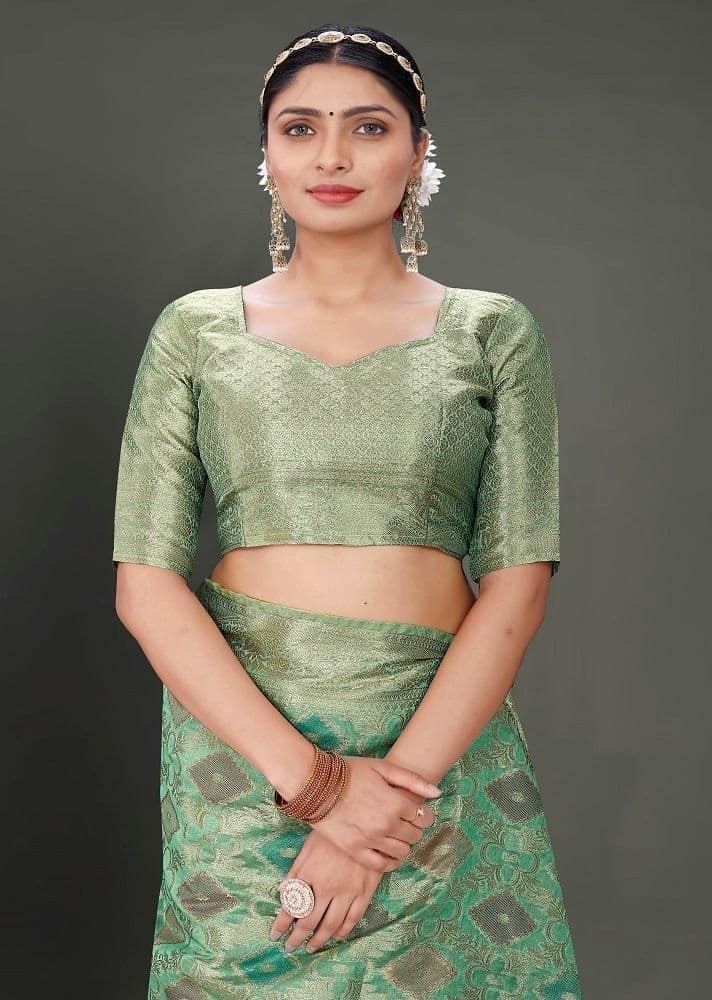 Woven Organza Saree in Sea Green view 2
