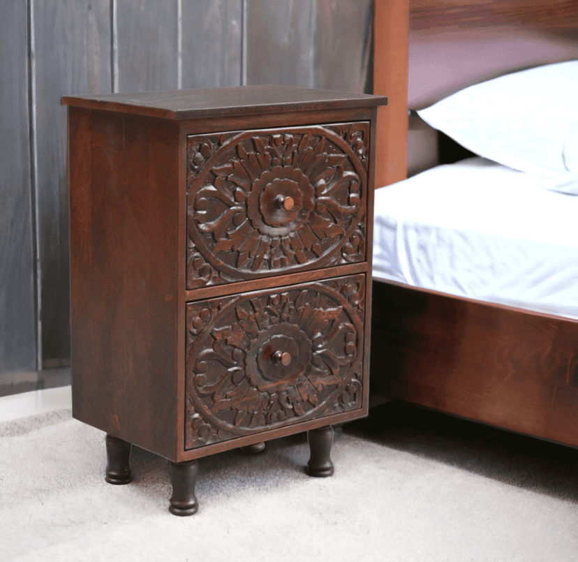 The Heirloom Carved side table / wooden end table / drawer storage table by Orchid Homez