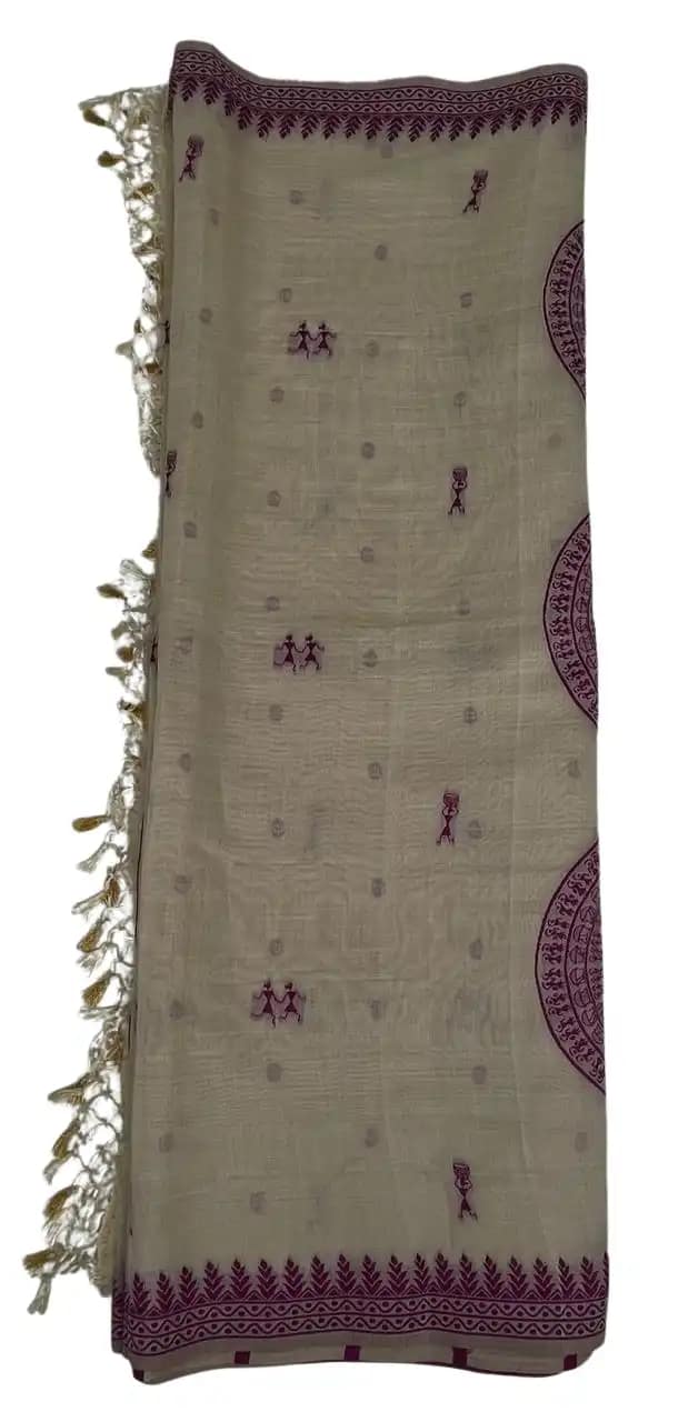 Saura Art Cotton Saree Beige Purple Mandala Medallion