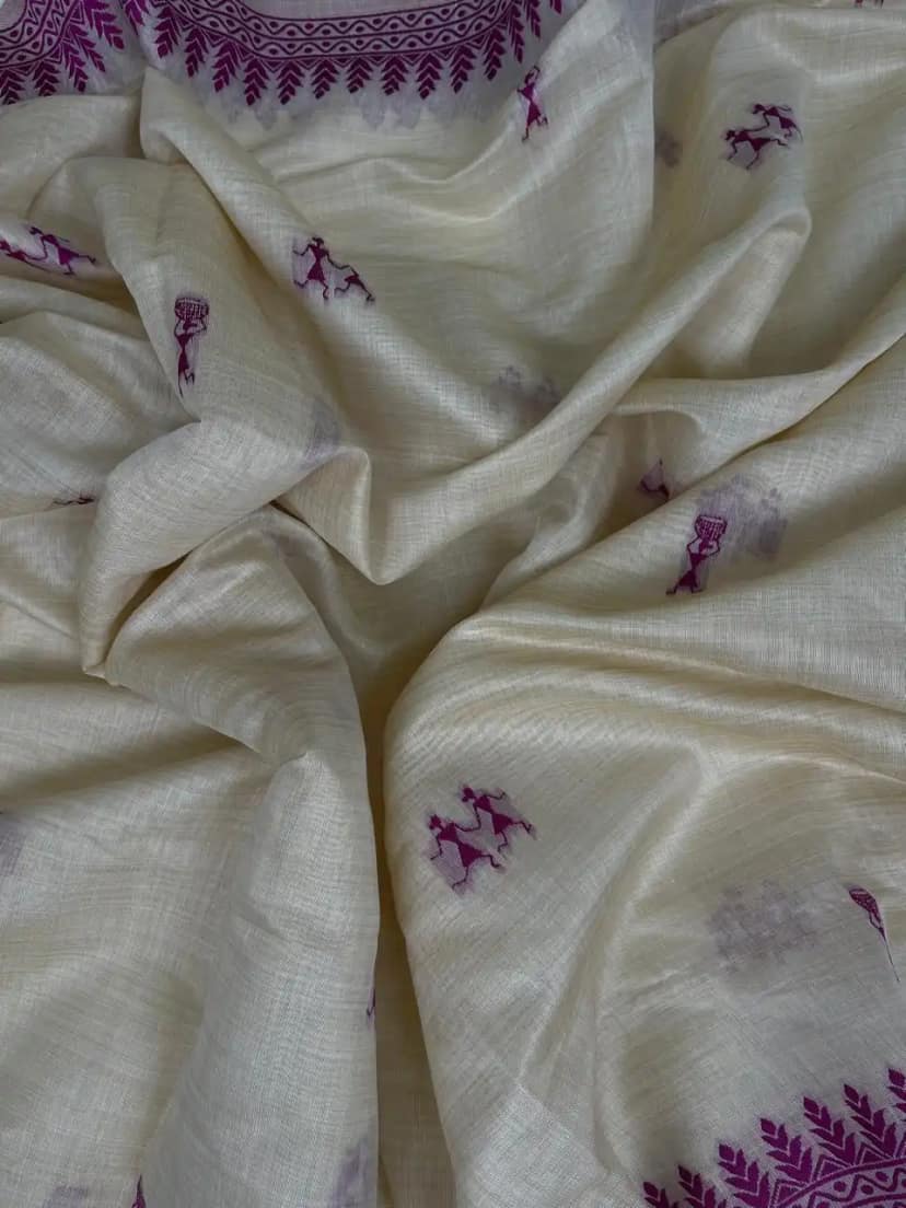 Saura Art Cotton Saree Beige Purple Mandala Medallion view 2