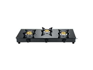 Surya Flame Maestro 3-Burner Gas Stove, Toughened Glass Top, 1 Jumbo Burner + 2 Tri-Pin Brass Burners, Manual Ignition, Black