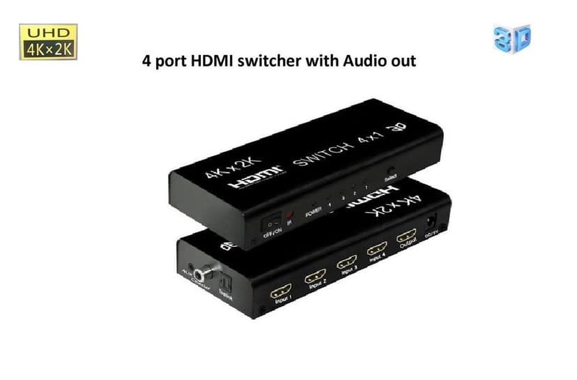 HDMI Switcher 4 in 1 Out, 4K with Optical Audio Out Supports PS5, Xbox, Fire TV, Apple TV, Laptop, Blu-Ray, Projector, AV Receiver Remote & Manual Control
