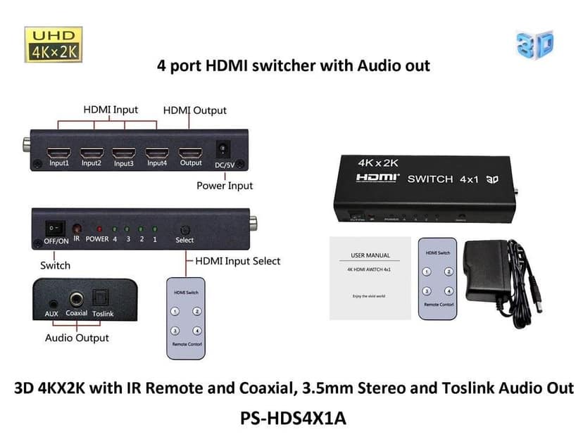 HDMI Switcher 4 in 1 Out, 4K with Optical Audio Out Supports PS5, Xbox, Fire TV, Apple TV, Laptop, Blu-Ray, Projector, AV Receiver Remote & Manual Control view 2