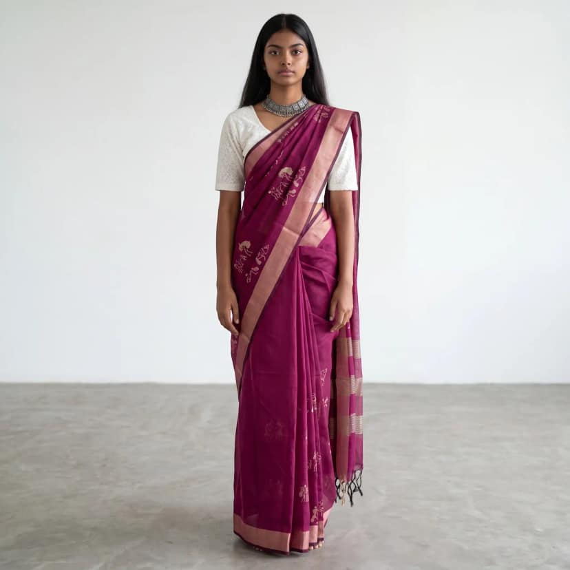 Handwoven Sambalpuri Baandha Ikat Cotton Saree in Wine, with Blouse