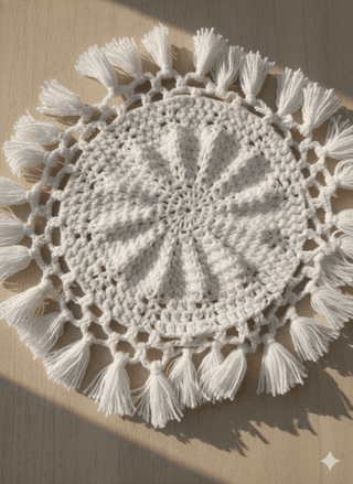 Handcrafted White Woolen Crochet Thaalposh with Tassel Border – 30×30 cm – 1 Piece