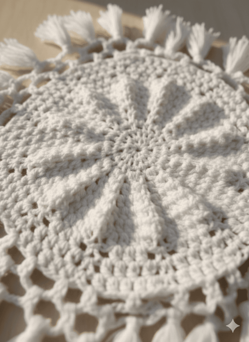 Handcrafted White Woolen Crochet Thaalposh with Tassel Border – 30×30 cm – 1 Piece view 2