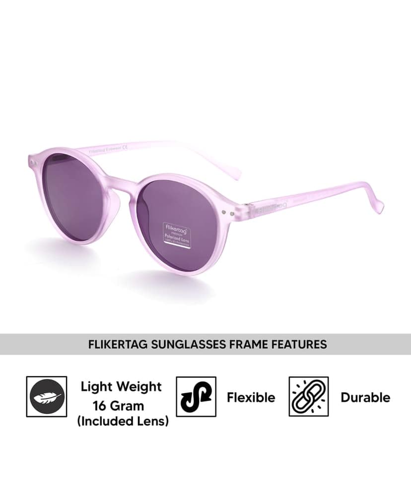 Flikertag Polarized Sunglasses With UV Protection For Men & Women | HD vision with Purple Lens [FTS 565 F5 Round Matte Transparent Purple Frame with Purple lens, 50mm] view 2