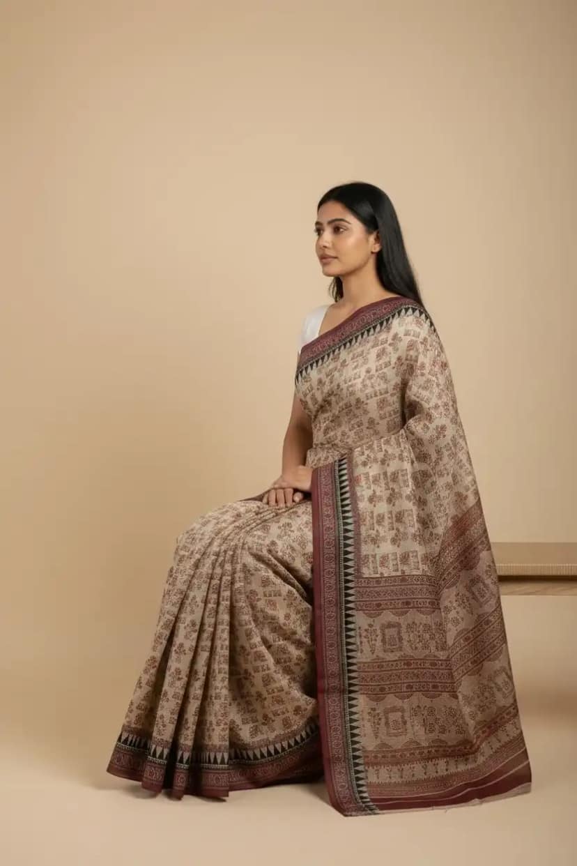 Sonepuri Cotton Saree Ivory Maroon Chariot Buti view 2