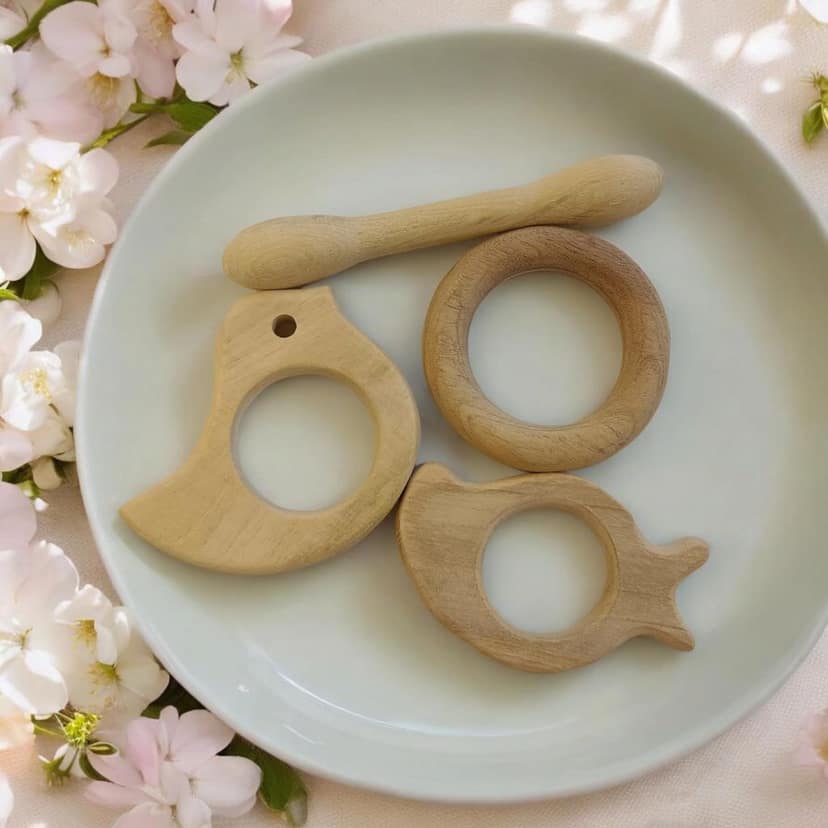 Neemtoys Neem Wooden Teethers for Babies of Age 0 to 3 Years, Dumb Bell, Ring, Mango and Dove Shapes Shapes Teether, Teething Toy for Babies with Multiple Textured Surface (Brown) view 2