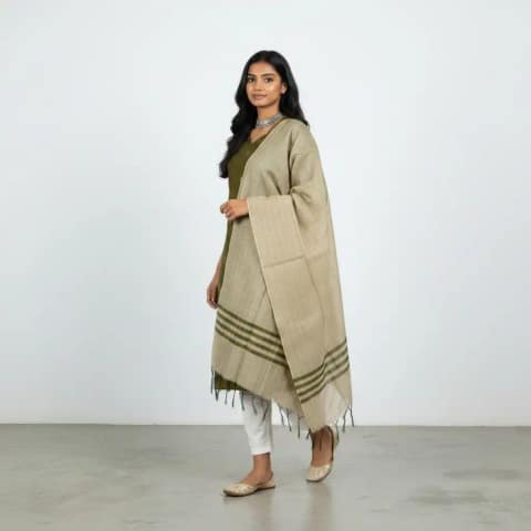 Mangalagiri Raw Silk Kurti with Zari-Check Dupatta in Olive Green and Beige view 2