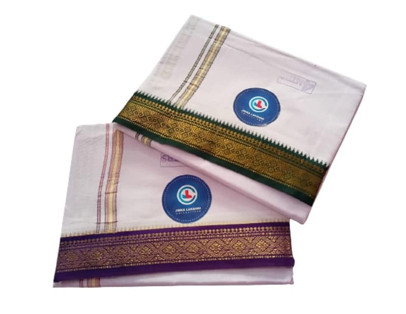 Jinka Lakshmi Collections Handloom White Cotton Dhoti With Big Borders 4 Meters Unstitched Pack of 2 (Multicolor-5) view 2