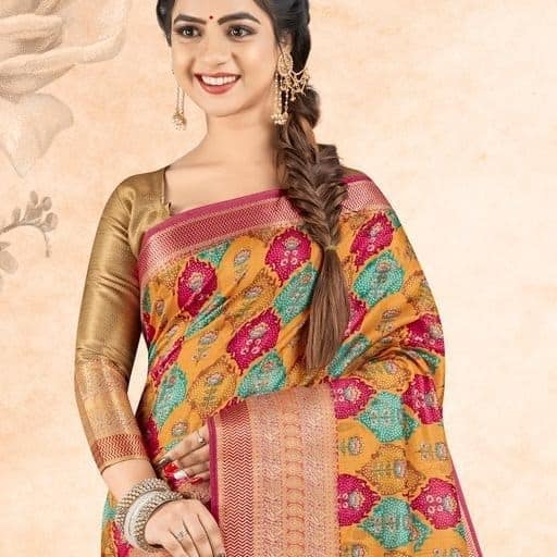 Digital Printed Art Silk Saree in Mustard view 2