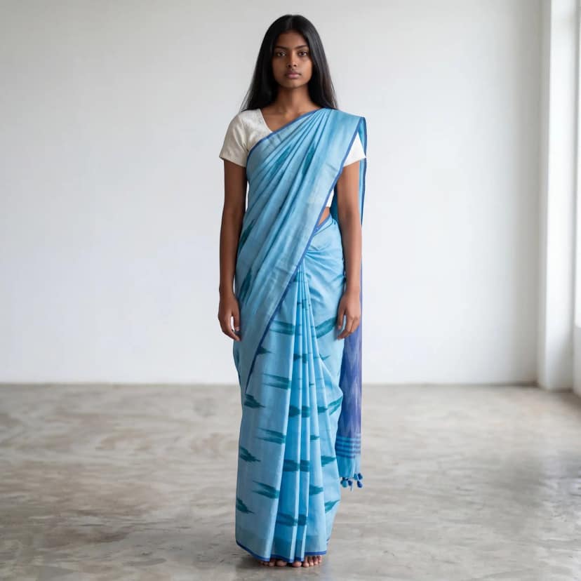 Sky Blue Sambalpuri Baandha Ikat Handloom Cotton Saree with Blouse
