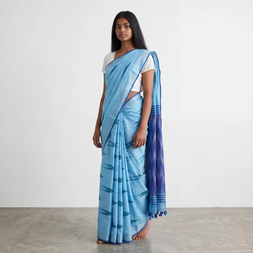 Sky Blue Sambalpuri Baandha Ikat Handloom Cotton Saree with Blouse view 2