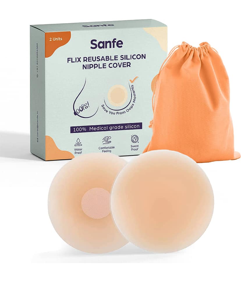 Sanfe Flix Reusable Silicone Nipple Cover| 10 Times Reusable| Skin-Friendly Adhesive| Medical Grade Silicone| 4 Pieces