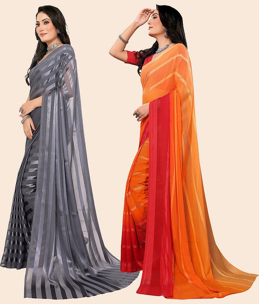ANAND SAREES Satin Striped Saree With Unstitched Blouse Piece ( Multicolor ) view 2