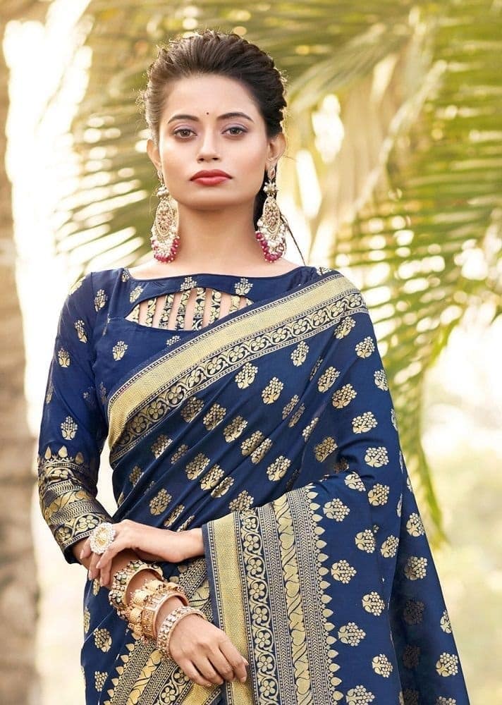 Woven Art Silk Saree in Navy Blue view 2