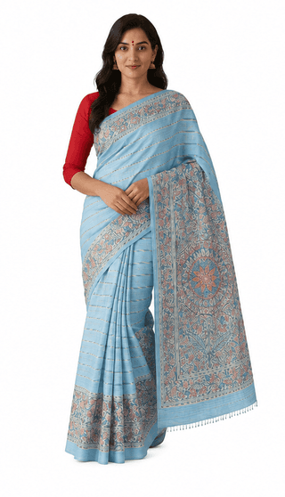 Light Blue Hand-Block Printed Tussar Silk Saree