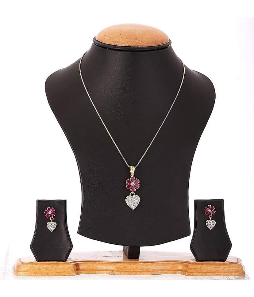 Navya Collections Maroon Studded Floral Design Ameican Diamond Heart Shape Combo Set view 2