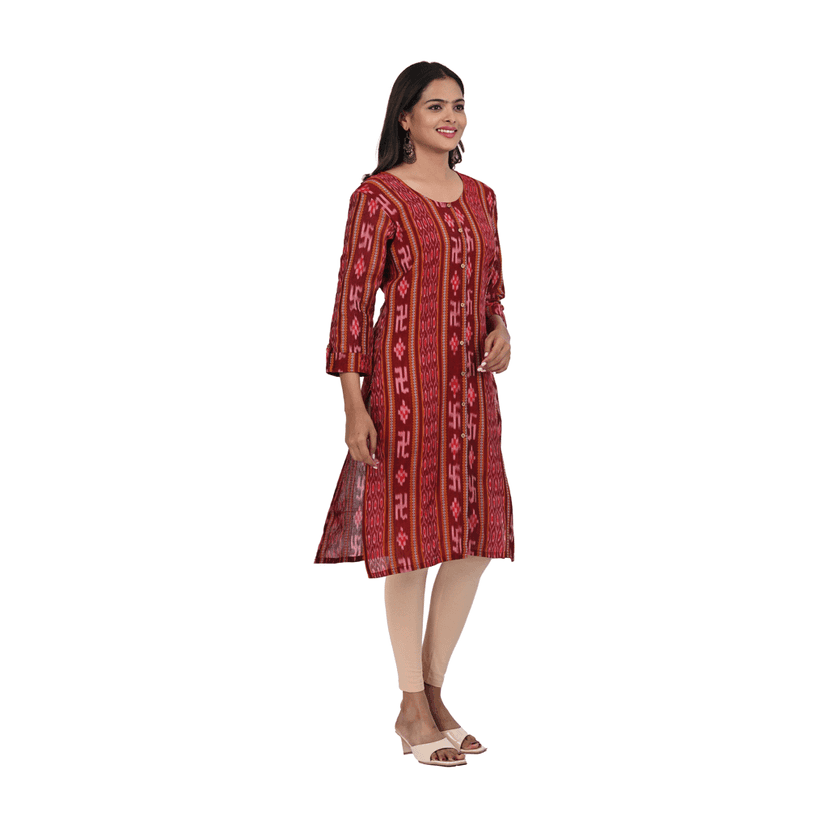 GHL GUENDICHA HAAT Sambalpuri Certified Handloom Women's Pure Cotton Round Neck Front Slit Kurta view 2