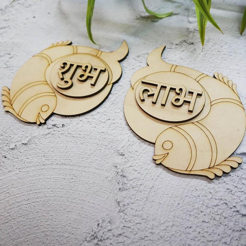 Haoser Fish Style Shubh Labh for Home Decoration, Unfinished Wooden Shub Labh Cutouts for Diwali, Wedding, Parties, and Special Occasions, Wooden Shub Labh for Painting DIY Crafts view 2