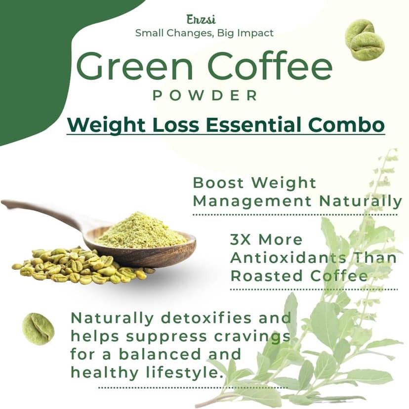 ERZSI Green Coffee Powder Combo Pack - Unflavored & Tulsi Flavored | Pure Unroasted Arabica Beans for Weight Loss & Detox | High Chlorogenic Acid | Weight Loss Supplement | 200G Each view 2