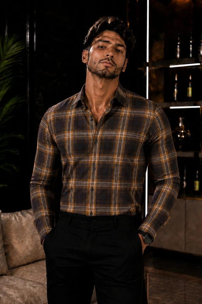 Enrich Fashion Factory Men's Brown & Mustard Checkered Casual Shirt