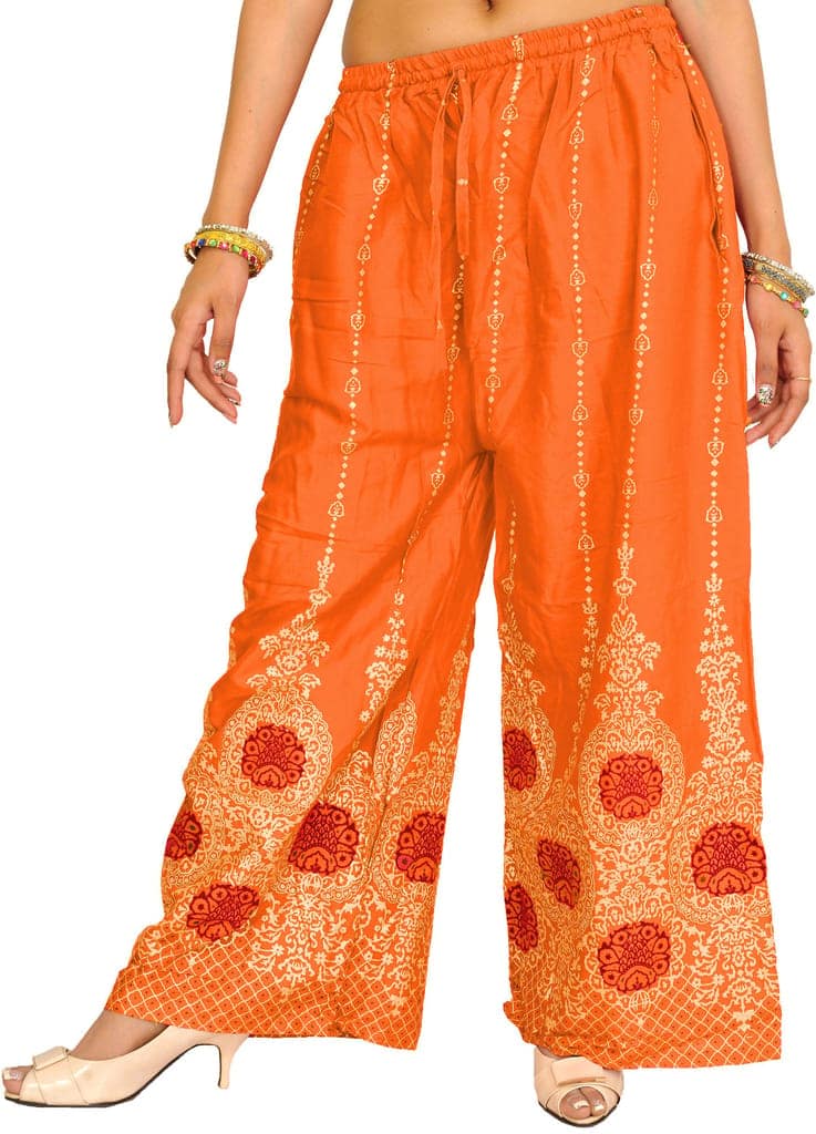 Nectarine-Orange Casual Yoga Trousers with Golden Floral Print view 2