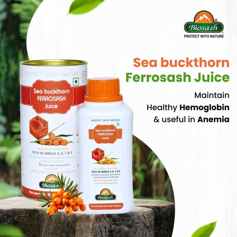 Biosash Seabuckthorn Ferrosash Juice 250ml | Rich in Omega 3 6 7 9 for Blood Health, Energy, Immunity Antioxidant Benefits & Daily Wellness | Pure Sea Buckthorn Juice with Berry Pulp & Herbal Extracts view 2