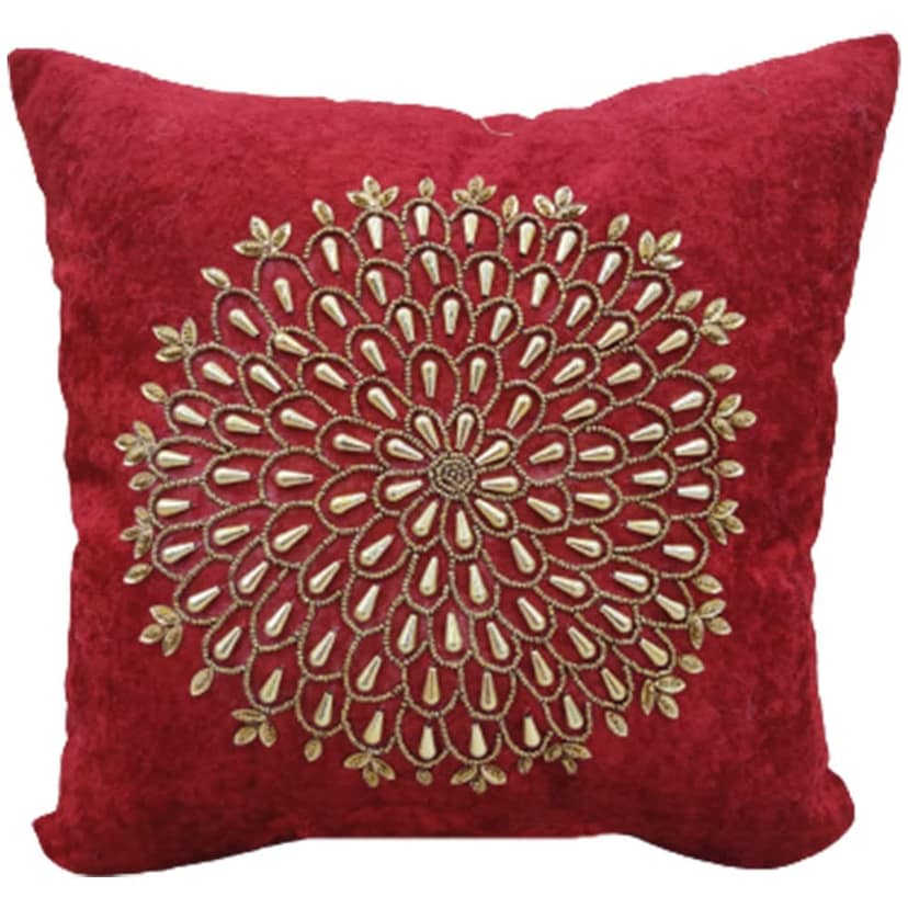 Suede Red Maroon Set of 3 Ethnic Beaded Embroidered Square Combo Cushion Covers for Sofa Home Bedroom (16x16 inch or 40 x 40 cm) view 2