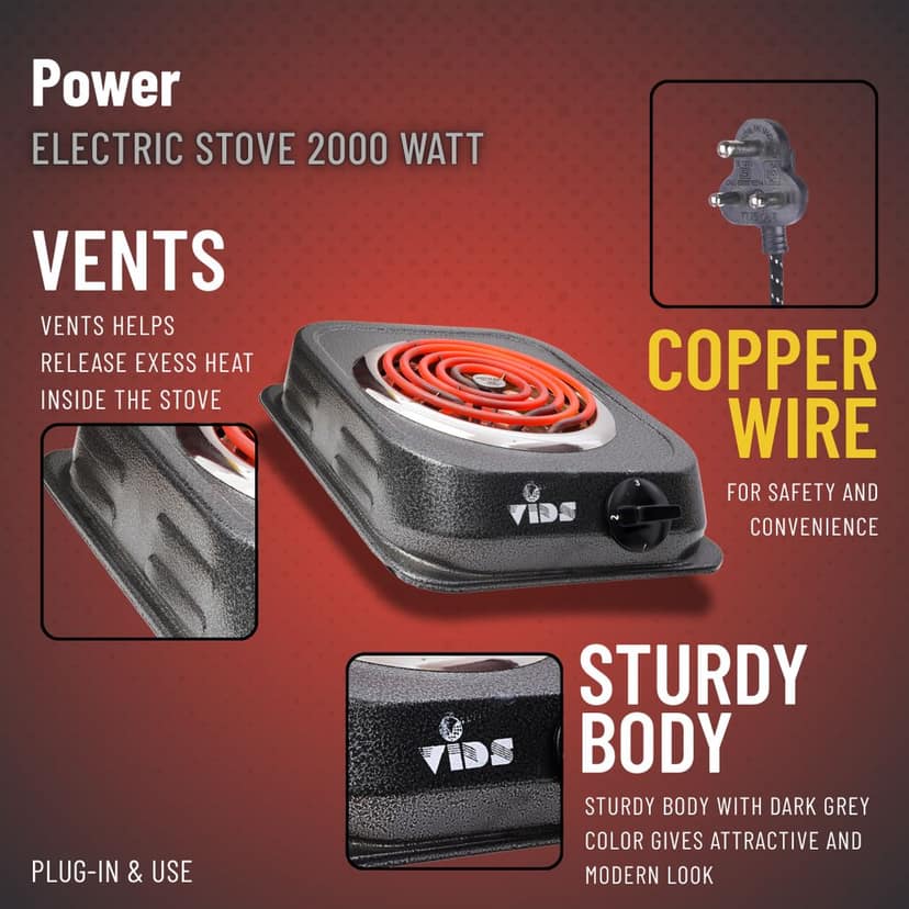 Electric Stove 2000 Watt (Square Body) | Open Coil Stove | G Coil Hot plate | Electric Cooking Heater | Induction Cooktop (Mild Steel body) (1 Burner) by VIDS view 2