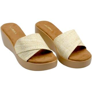 Lazera Beige Wedge Sandals for Women Cross Strap Slip On Comfort Slides