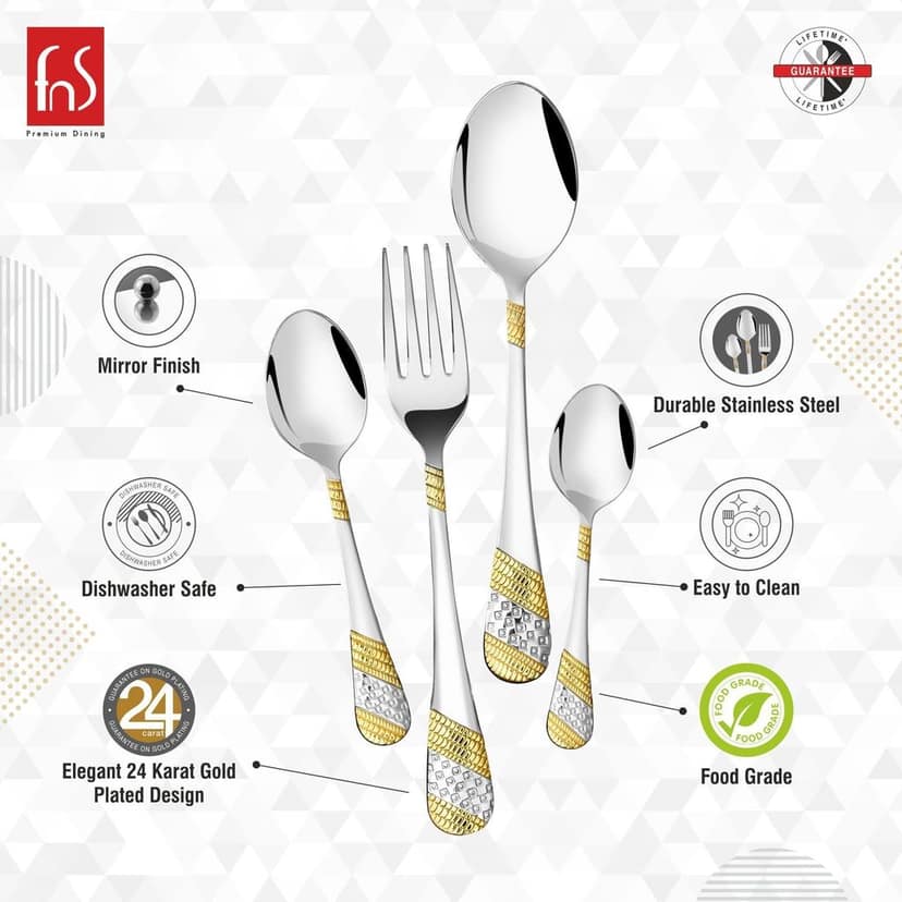 Fns Imperio 24 Karat Gold Plated 24 Pc Cutlery Set with Beautiful Leatherette Packaging (6 Dinner Spoon, 6 Dinner Forks, 6 Teaspoon & 6 Baby Spoon) view 2