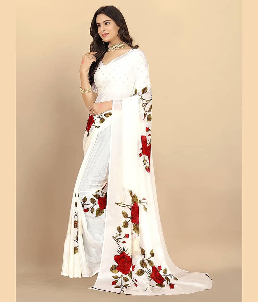 BLEESBURY Chiffon Printed Saree With Unstitched Blouse Piece ( Off White ) view 2