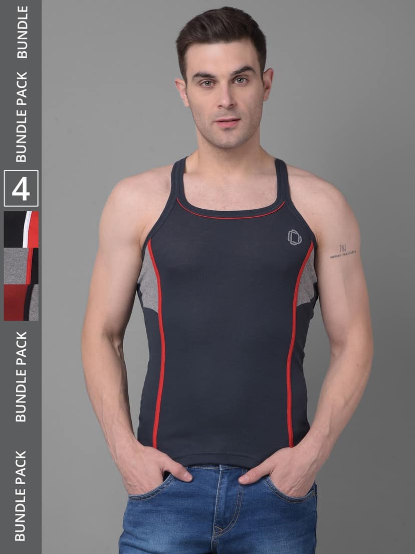 Men's Assorted Pack of 4 Solid Combed Cotton Racerback Styled Gym Vest