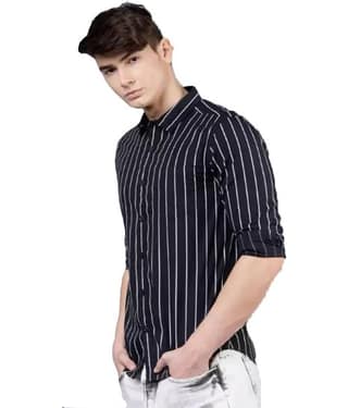 Favnic 100% Cotton Slim Fit Striped Full Sleeves Men's Casual Shirt - Black ( Pack of 1 )