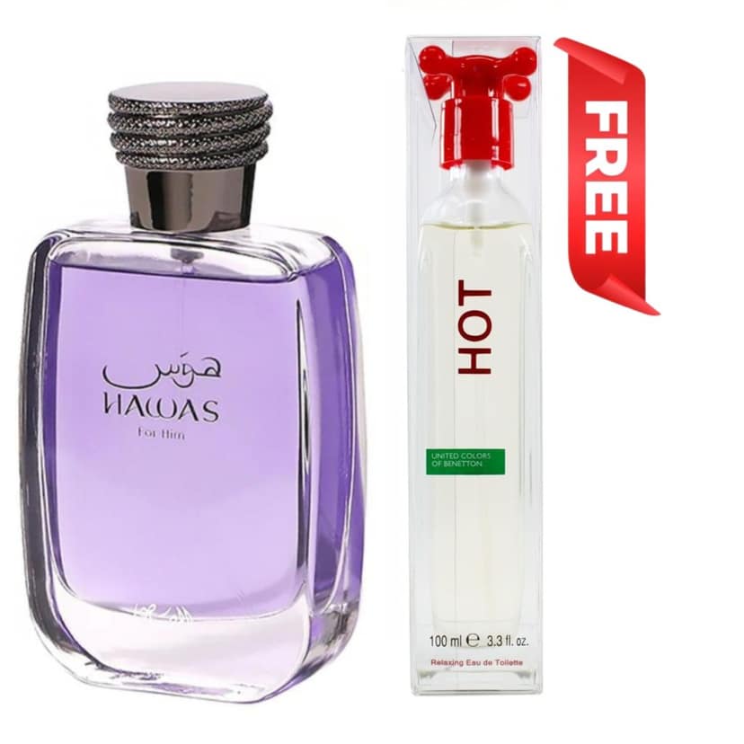 Rasasi Hawas for Him 100ml EDP Perfume Spray with Free UCB Hot 100ml Perfume Spray for Men