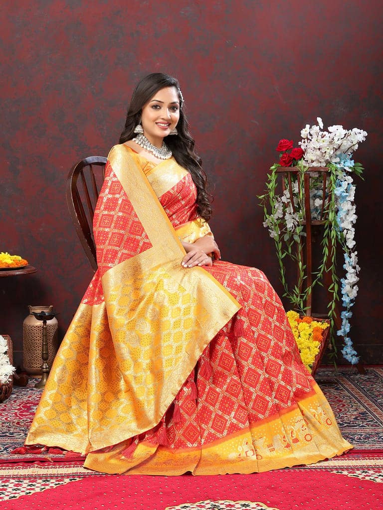 Red & Yellow Patola Silk Woven Design Meenakari Weaving Saree view 2
