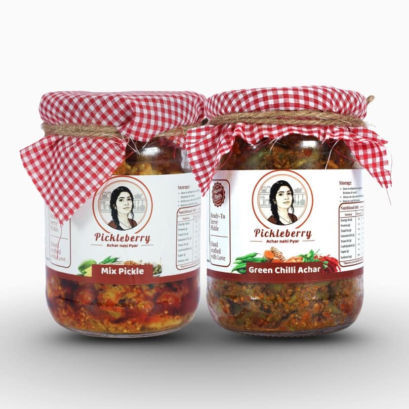 Pickleberry Mix Pickle + Green Chilli Achar Combo | Low-Oil | 1 KG (2 � 500g)