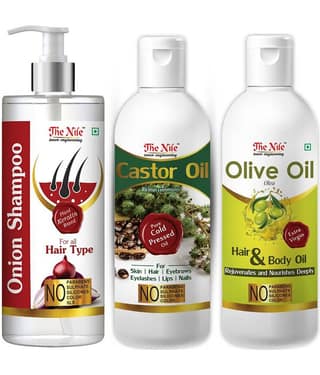 The Nile Red Onion Shampoo 200 ML + Castor 100 ML + Olive Oil 100 ML Shampoo 400 mL Pack of 3