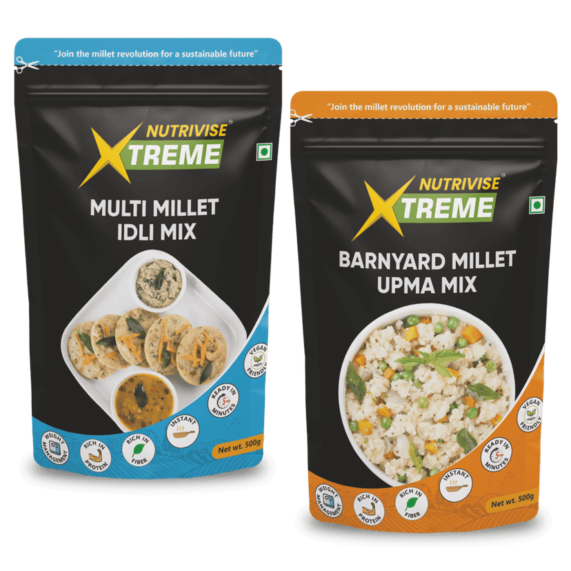 Nutrivise Xtreme Instant Mix Combo:Barnyard Millet Upma Mix-Multi Millet Idli Mix-Instant Cook|Low GI|Rich in Protein & Fiber-500g each(Pack of 2)