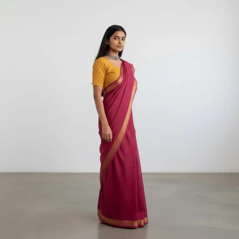 Magenta Pink Kanchipuram Cotton Saree with Golden Woven Border view 2