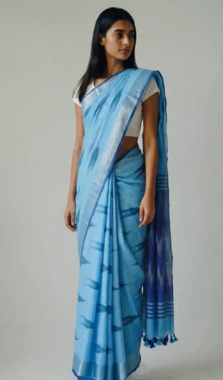 Sambalpuri Ikat Sky Blue Cotton Saree Chevron Indigo Pallu