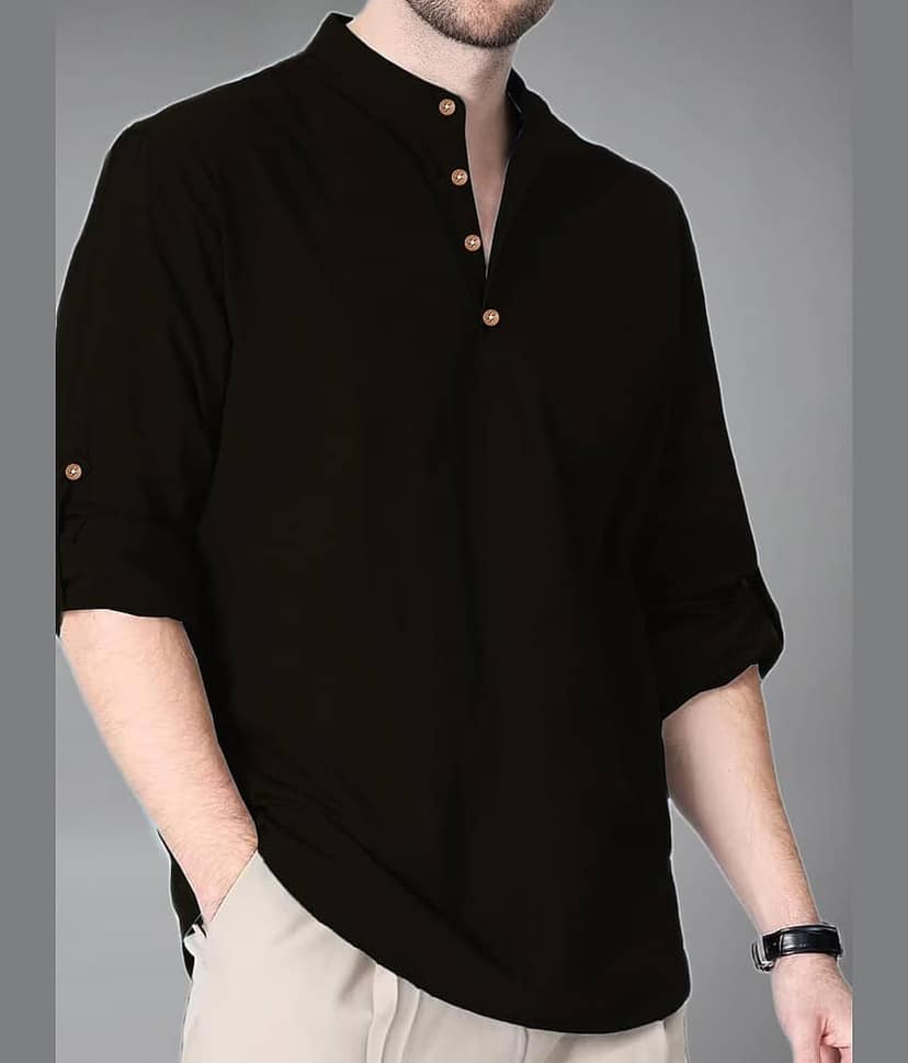 Yugnik Cotton Blend Plain Shirt Style Kurta For Men ( Brown )