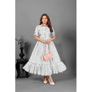 Fancy Flair Women White Short Sleeve Polkadot Fit Flare Dress