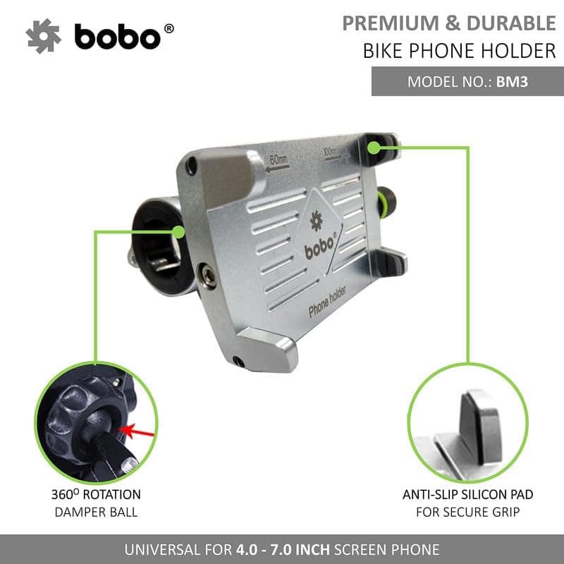BOBO BM3 Aluminium Waterproof Bike/Motorcycle/Scooter Mobile Phone Holder Mount, Ideal for Maps and GPS Navigation (Silver) BOBO BM3 Aluminium Waterproof Bike/Motorcycle/Scooter Mobile Phone Holder Mount, Ideal for Maps and GPS Navigation (Silver) - Silv view 2